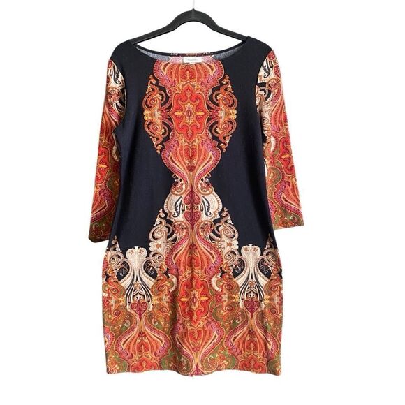 Dress Barn Orange/Black Medallion Print Knit Sweater Dress. Size 10. - Picture 1 of 8